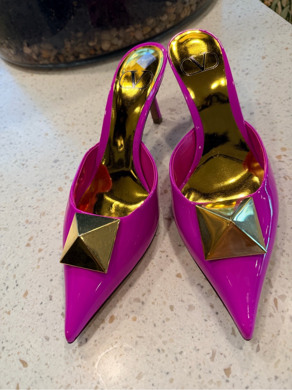 Valentino Fuchsia Patent Pointed Toe Mule with Gold Pyramid Accent